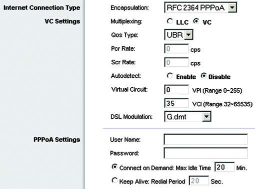 RFC 2364 PPPoA VC Settings. You will configure your Virtual Circuit (VC) settings in this section. Multiplexing. Select LLC or VC, depending on your ISP. QoS Type.