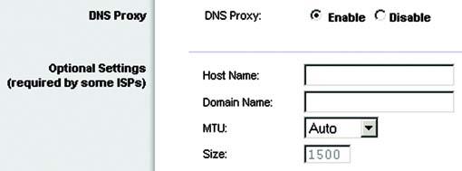 DNS Proxy If the PCs on your network are enabled with DNS, enable the DNS Proxy to foward the DNS entries. Optional Settings Some of these settings may be required by your ISP.