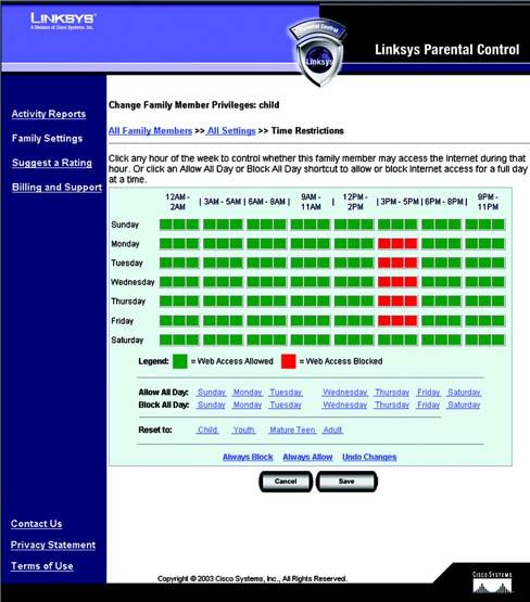 Time Restrictions On the Time Restrictions screen, click any hour to allow or deny Internet access (green indicates allowed Internet access, and red indicates blocked Internet access).