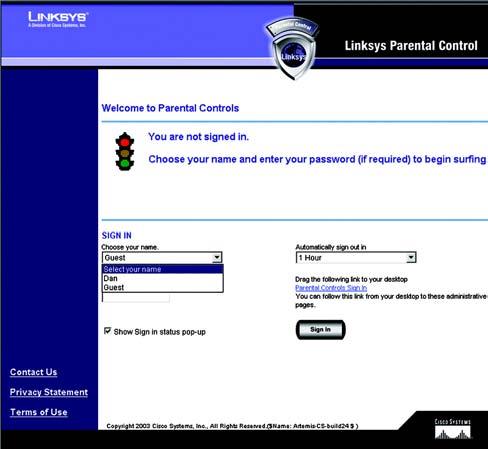 3. In your web browser, a Welcome to Parental Controls screen will appear. Log into the Linksys Parental Control Service. Select your name from the SIGN IN drop-down menu, and enter your password.