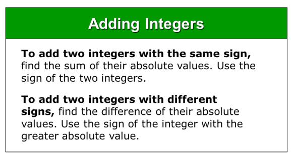 Math Notes and Example Problems Lesson 2.2 Adding Integers Textbook p. 52-53 Warm-up: Today s Goal: Learn to add integers Lesson 2.2 Example 1 Use a number line to find each sum. 7 + 4 Start at 0.