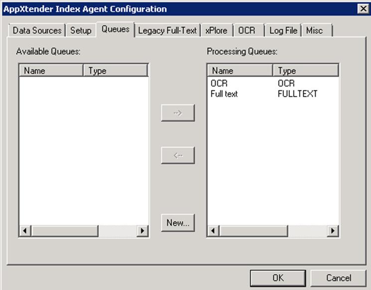 Configuring AppXtender Index Agent You can add new queues and move the queues from the Available Queues list to the Processing Queues list or remove queues from the Processing Queues list.