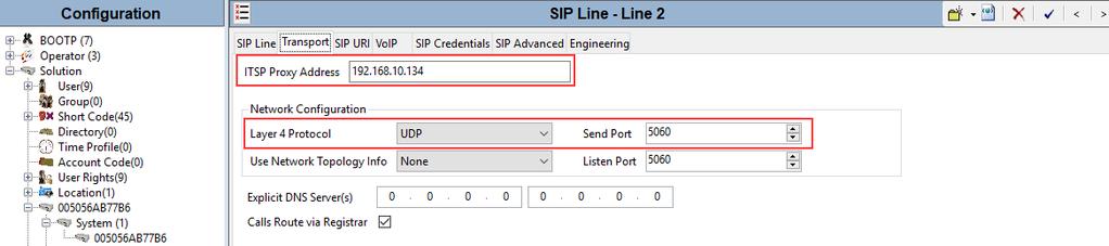 5.3.2 SIP Line Transport Tab Select the Transport tab in the right pane. For ITSP Proxy Address, enter the IP address of eone SIP interface.