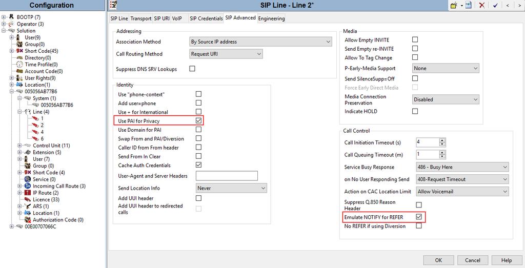 3 SIP Line SIP Advance Check box for Use PAI for Privacy and Emulate