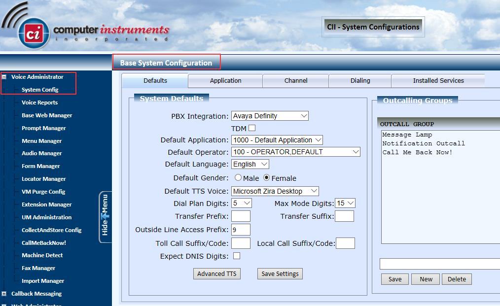 In the CII-Voice Administrator page, select Voice Administrator System Config in the left pane to display the Base