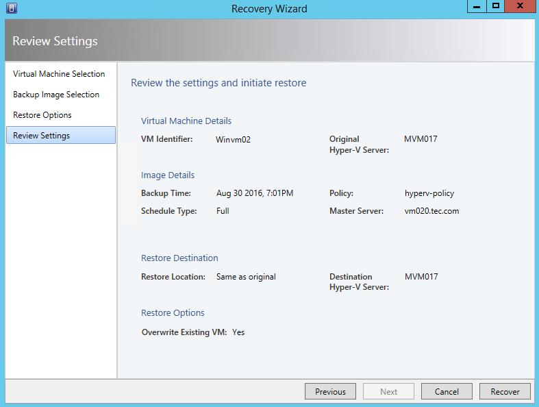 Recovering virtual machines Restore Virtual Machine Wizard screens 42 Table 3-4 Fields Next Fields in the Restore Options screen (continued) Description When you are done, click Next to go to the