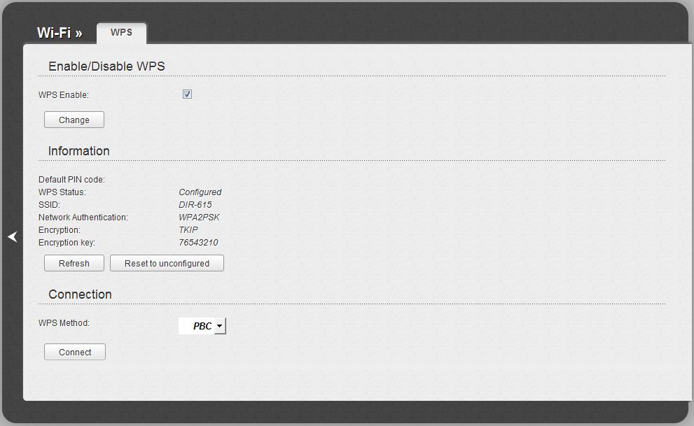 WPS On the Wi-Fi / WPS page, you can enable the function for secure configuration of the WLAN and select a method used to easily add wireless devices to the WLAN.
