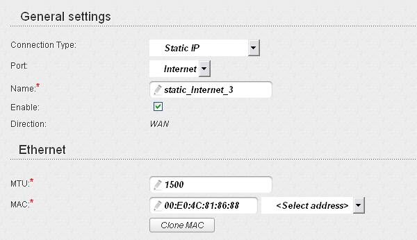 Creating Static IP WAN Connection To create a connection of the Static IP type, click the Add button on the Net / WAN page.