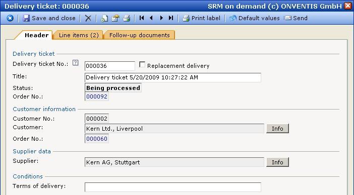The Line items tab displays a detailed overview of the delivery ticket line items.