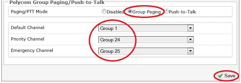 7. Scroll down to Polycom Group Paging/Push-to-Talk configurations and choose Group Paging for the Paging/PTT Mode. 8.