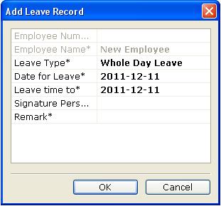 After selecting Add leave record during working hours, the following window will appear. Previously, the operator must select employee from the list.