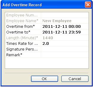 6.5.2 Overtime register This option allows the system administrator manually adding overtime.