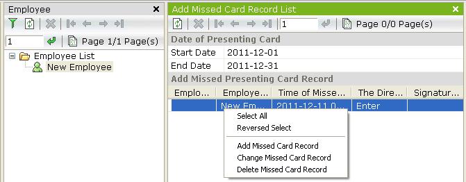After selecting Add missed card record will display the following screen. Previously, the operator must select employee from the list.