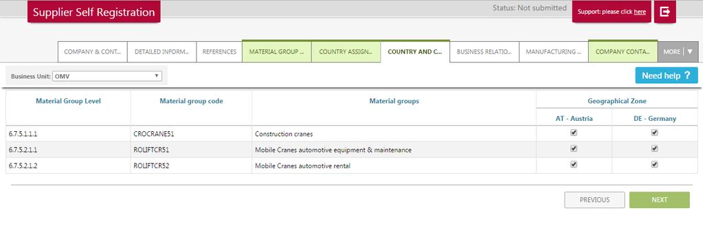 3.7. Tab Country and Category Assignment Please review your selection of category groups and country assignments for each Business Unit. Click "Next" to continue.