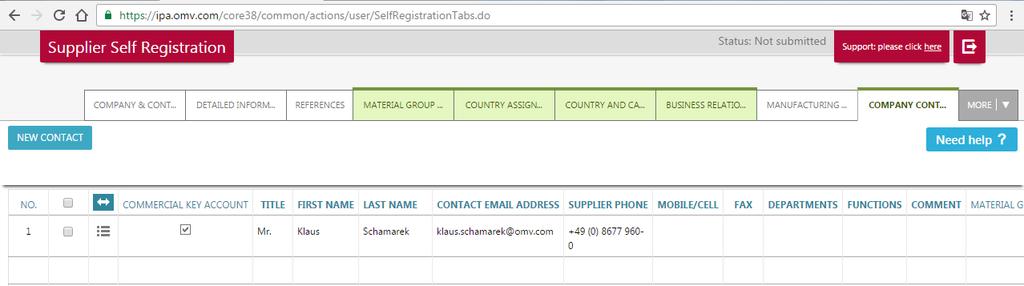 3.10. Tab Company Contacts On tab Company Contacts you can add further company contacts. One contact is the Commercial Key Account you have entered at the beginning.