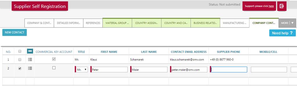 Enter the requested information and scroll to the right hand side to enter all required information, especially the fields marked with a red bar that are mandatory and "Material Groups" and