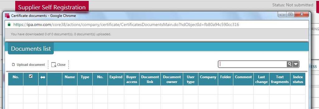 To upload a certificate click on Upload document. Choose the document type File in column Type.