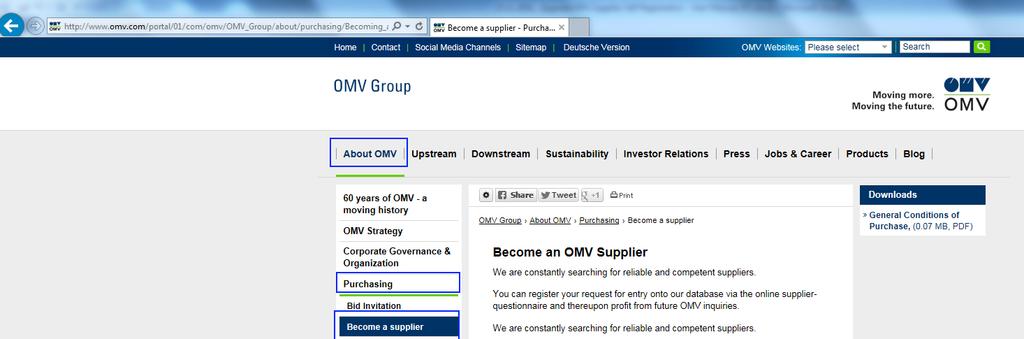 2. Start a new registration The link for registration can be reached either via the homepage of OMV or the homepage of OMV Petrom. a. Homepage OMV www.omv.