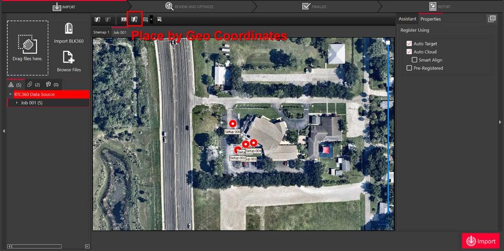 5. Click Place by Geo Coordinates to display the setups on the image The geolocation and setup position information from the RTC360 scanner makes it easier for the user to modify bundles, combine