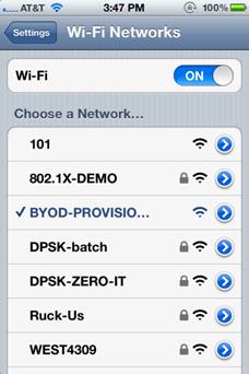 d his/ her devices. a. With a mobile device (iphone shown here), connect to the BYOD-PROVISIONING SSID. b.