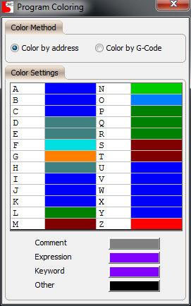 NCPlot v2.30 Manual The Color by G-Code method applies color to each program line based on the active G-Codes. The G-Code group that is used to apply colors can be selected from the drop down list.