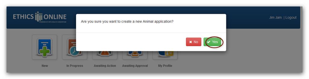 Choose Yes to create a new application or No to cancel the application.