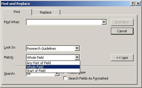 FIGURE 12 - FIND POP-UP BOX - MORE FEATURES You may also specify the direction of your search and whether to match case or format.