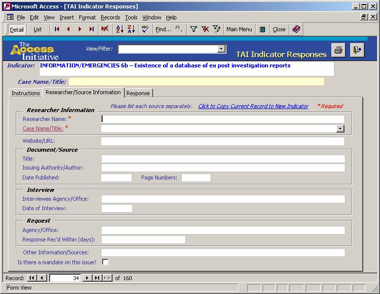FIGURE 29 - PRACTICE INDICATOR WORKSHEET - RESEARCHER/SOURCE INFORMATION TAB The Response tab displays the response options and the value you have selected, in addition to any comments or