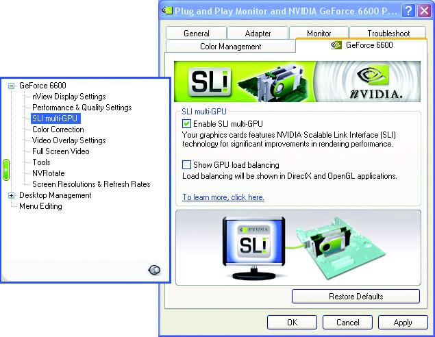 English How to enable NVIDIA SLI TM (Scalable Link Interface) technology: After installing two SLI-ready graphics cards of the same model on an SLI motherboard (Figure 1), users can enable SLI mode