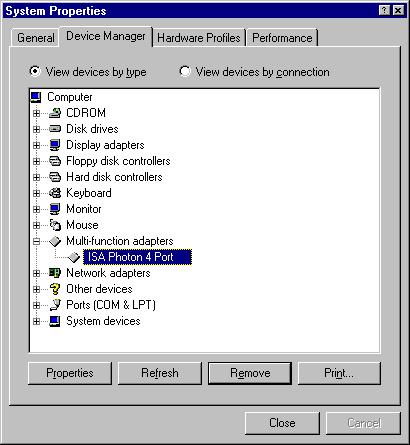 However, if you choose not to restart your PC Windows 95 will still "detect" each of the ports on the Photon 4 Port RS232 card as described above, despite the card not being installed - this is due