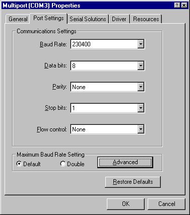 Maximum Baud Rate Settings. Clicking the Advanced button gives the user the option of changing the behaviour of the driver.