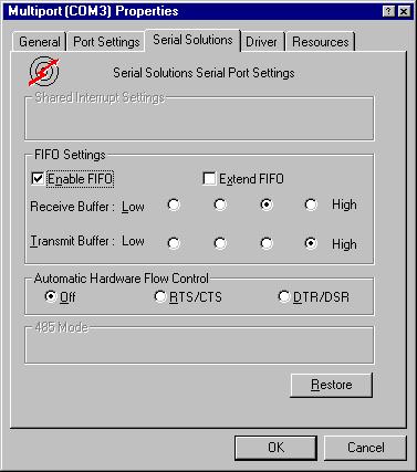 Selecting the Serial Solutions tab of the selected port properties Window will display: Settings available in this window are: 1. FIFO settings.