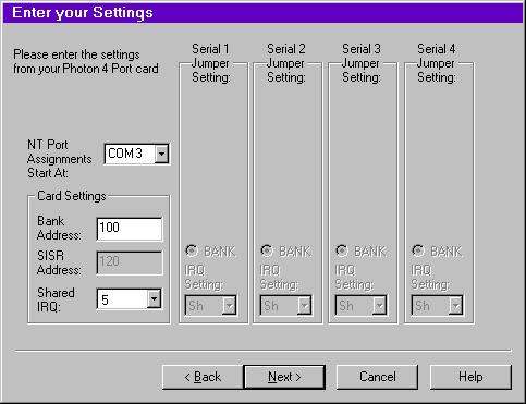 Settings for Photon Card COM1 & 2 Present Change any of the settings