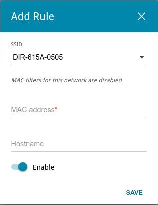Figure 91. The window for adding a rule for the MAC filter. You can specify the following parameters: Parameter Description SSID A wireless network to which the rule will be applied.