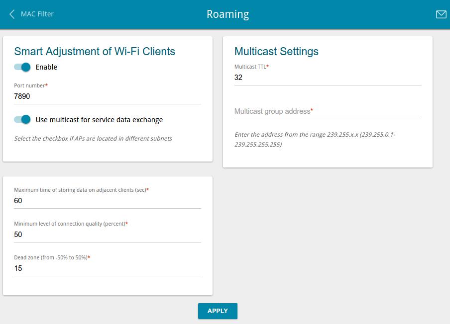Roaming On the Wi-Fi / Roaming page, you can enable the function of smart adjustment of Wi-Fi clients. This function is designed for wireless networks based on several access points or routers.