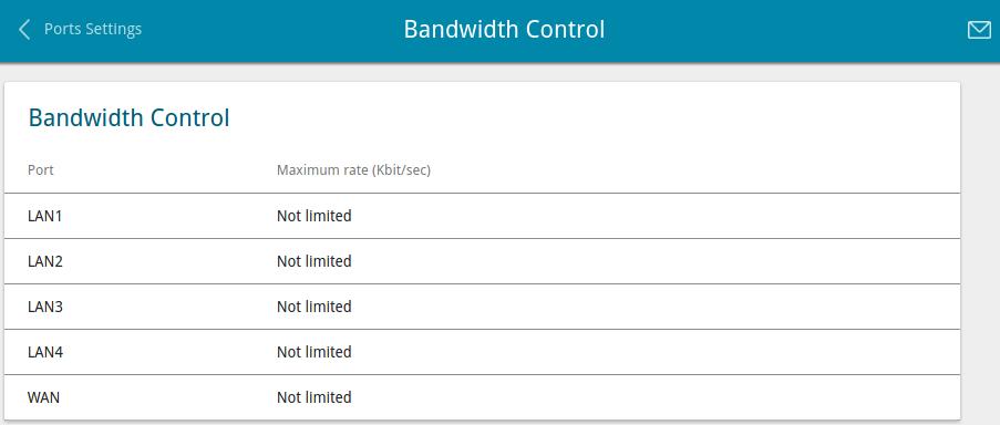 Bandwidth Control On the Advanced / Bandwidth Control page, you can setup the rate limit for traffic transmitted from every port of the router. Figure 98.