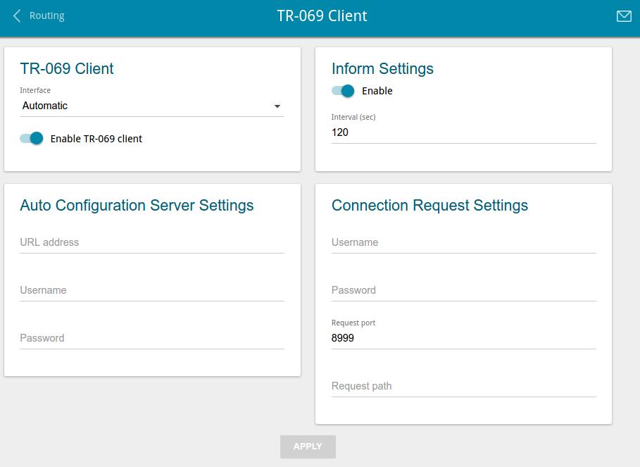 TR-069 Client On the Advanced / TR-069 Client page, you can configure the router for communication with a remote Auto Configuration Server (ACS).