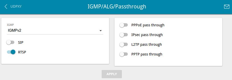 IGMP/ALG/Passthrough On the Advanced / IGMP/ALG/Passthrough page, you can allow the router to use IGMP and RTSP, enable the SIP ALG and PPPoE/PPTP/L2TP/IPSec pass through functions.