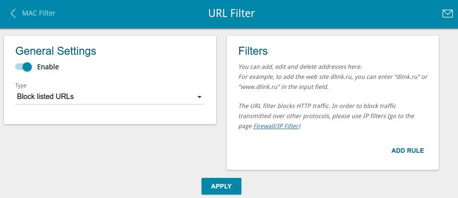 URL Filter On the Firewall / URL Filter page, you can specify restrictions on access to certain web sites. Figure 119. The Firewall / URL Filter page.