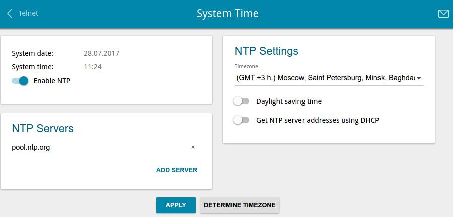 System Time On the System / System time page, you can manually set the time and date of the router or configure automatic synchronization of the system time with a time server on the Internet.