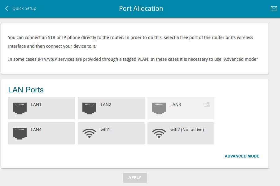 Port Allocation Wizard Port Allocation Wizard helps to configure LAN ports or available wireless interfaces of the router for connecting additional devices, for example, an IPTV set-top box or IP