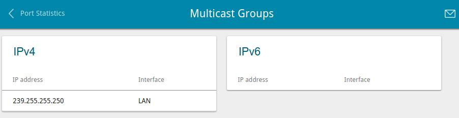 Multicast groups The Statistics / Multicast groups page displays addresses of active multicast groups (including IPTV channels and groups for transferring service