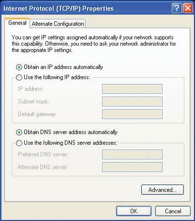net Protocol (TCP/IP) Click Properties Dynamic IP Address setup Used when a DHCP server is available on the local network. (i.e. Router) Select