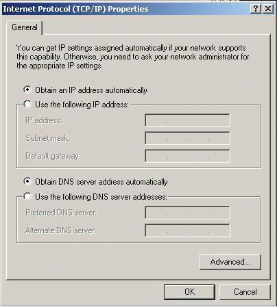 Used when a DHCP server is available on the local network. (i.e. Router) Select Obtain an IP address automatically (if the