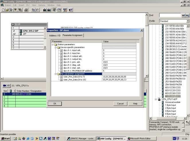 Via a double-click on the 603-2CCxx the dialog window for parameterization of the data areas for the PROFIBUS slave may be opened.