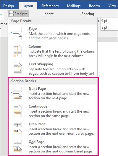 Sections Breaks You will want to use section breaks to apply different formatting to each section of the Book Block Examples of sections that may require different formatting or page numbering: Front