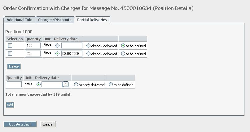 delivered" or "to be defined"). You can create a partial delivery by clicking on "Add".