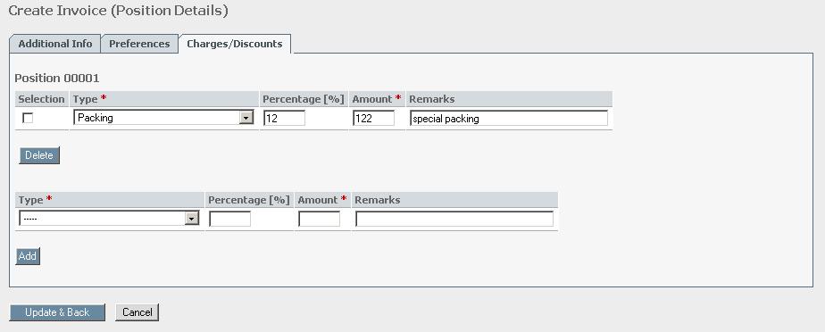 Changes are accepted by clicking on the button Update & back. The tab Partner Adresses gives the possibility to specify a range of different partner addresses.