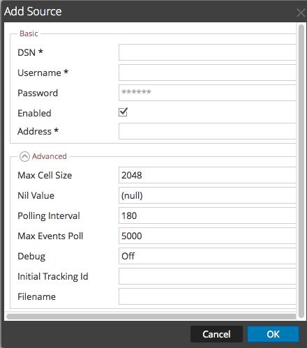 10. Enter the DSN you configured during the Configure a DSN procedure. 11. For the other parameters, see ODBC Event Source Configuration Parameters in the SA User Guide.