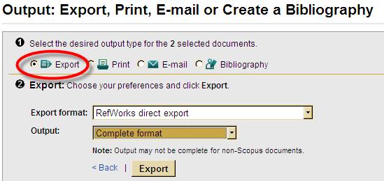 the search results list. Make sure the desired output type is set to Export.